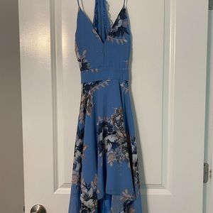 Formal, high-low skirt, blue floral dress